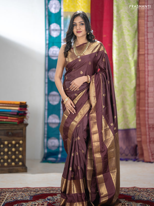 Bangalori silk saree coffee brown with zari woven buttas and long rettapet zari woven border