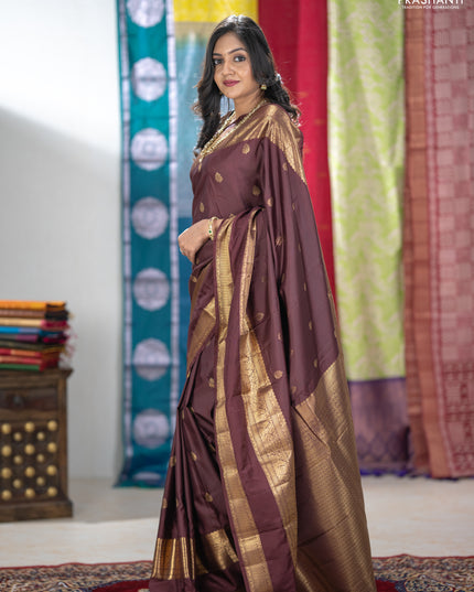 Bangalori silk saree coffee brown with zari woven buttas and long rettapet zari woven border