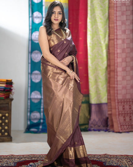 Bangalori silk saree coffee brown with zari woven buttas and long rettapet zari woven border