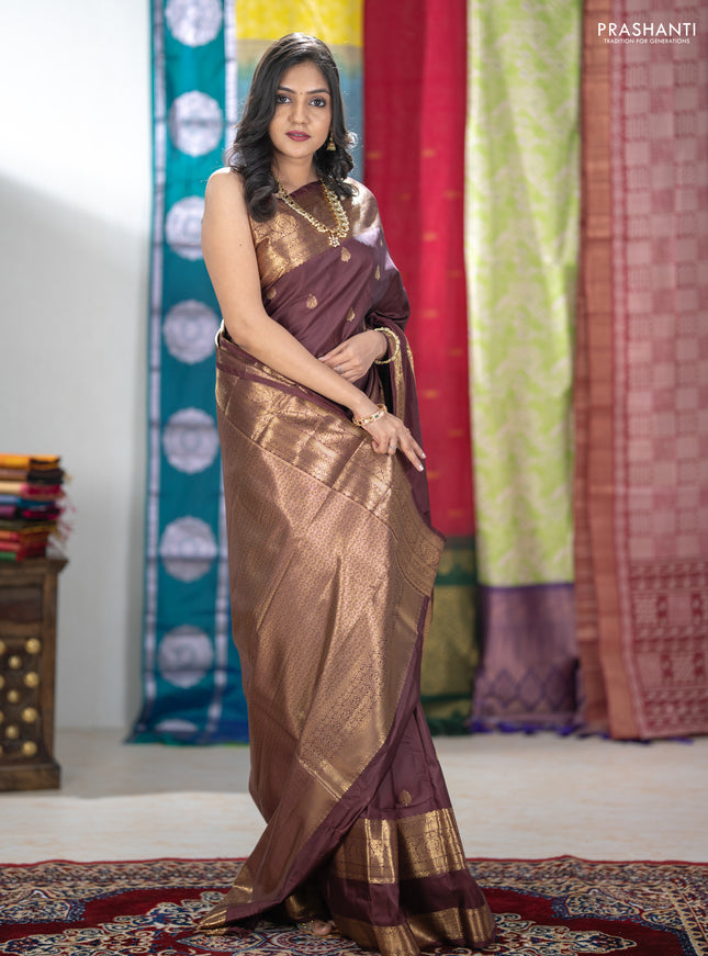 Bangalori silk saree coffee brown with zari woven buttas and long rettapet zari woven border