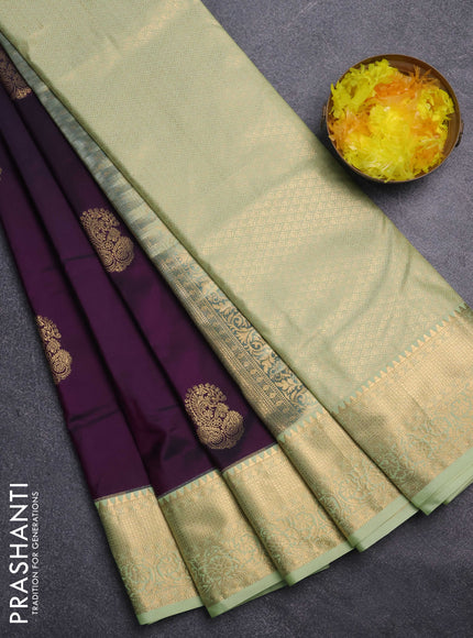 Bangalori silk saree deep purple and pista green with zari woven buttas and zari woven border