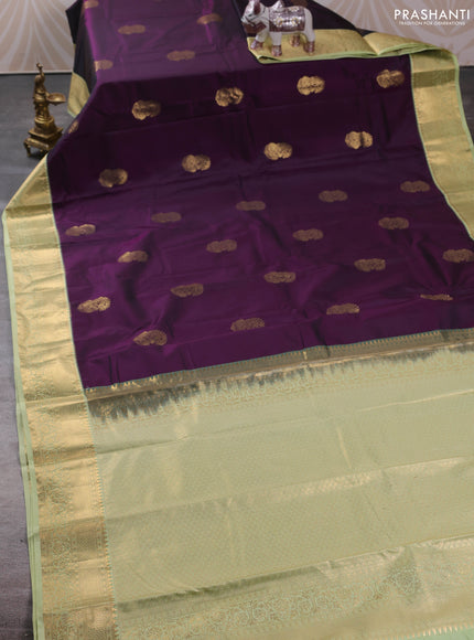 Bangalori silk saree deep purple and pista green with zari woven buttas and zari woven border