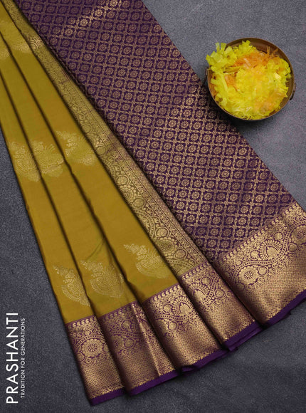 Bangalori silk saree mehendi green and purple with zari woven buttas and zari woven border