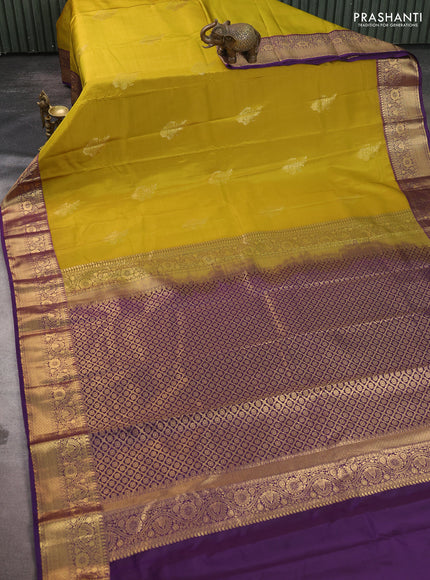 Bangalori silk saree mehendi green and purple with zari woven buttas and zari woven border