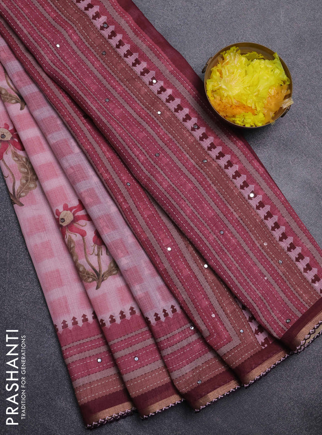 Kota linen saree pink and maroon with allover ikat prints and prints & mirror work border