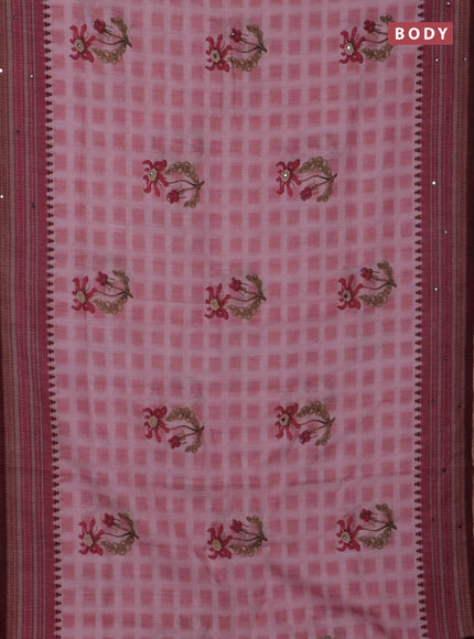 Kota linen saree pink and maroon with allover ikat prints and prints & mirror work border