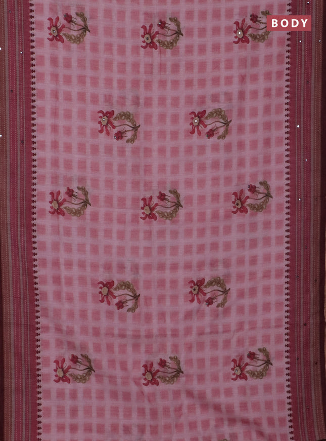Kota linen saree pink and maroon with allover ikat prints and prints & mirror work border