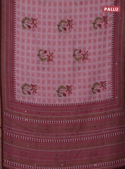 Kota linen saree pink and maroon with allover ikat prints and prints & mirror work border