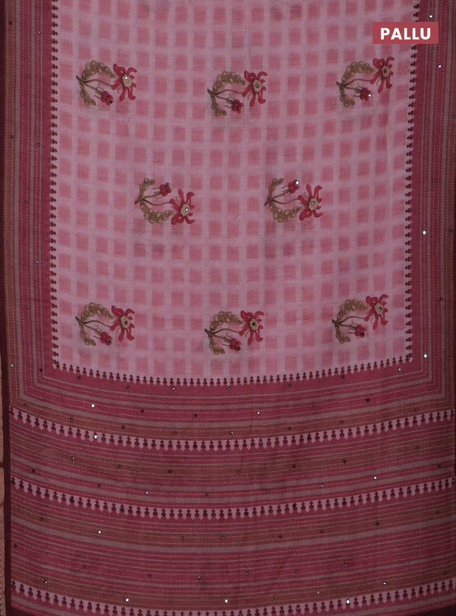 Kota linen saree pink and maroon with allover ikat prints and prints & mirror work border