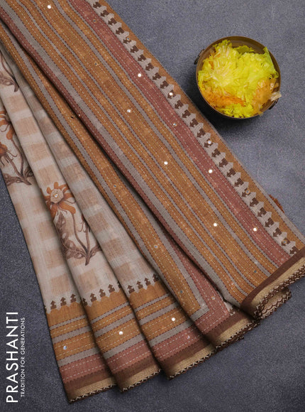 Kota linen saree sandal and brown with allover ikat prints and prints & mirror work border