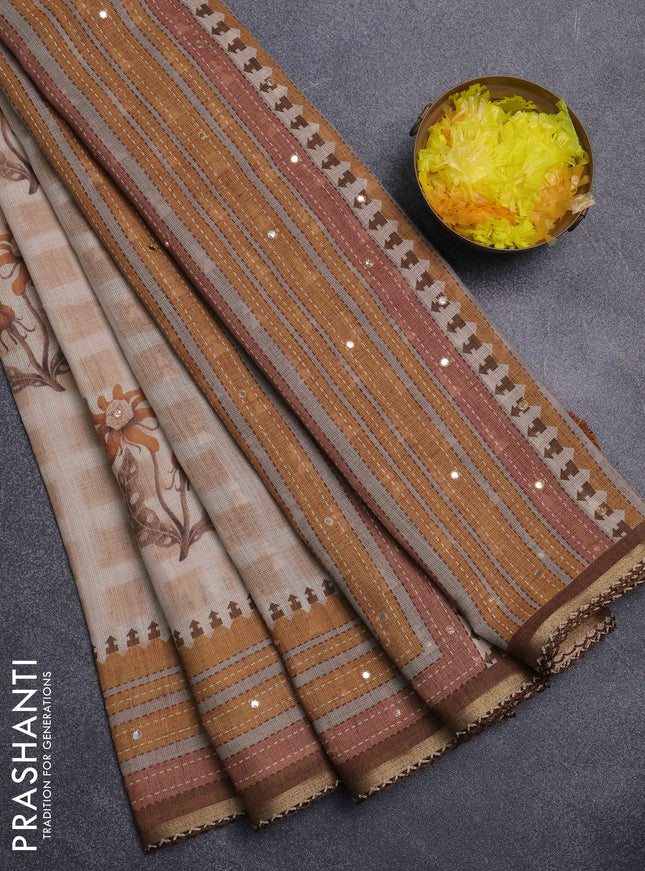 Kota linen saree sandal and brown with allover ikat prints and prints & mirror work border