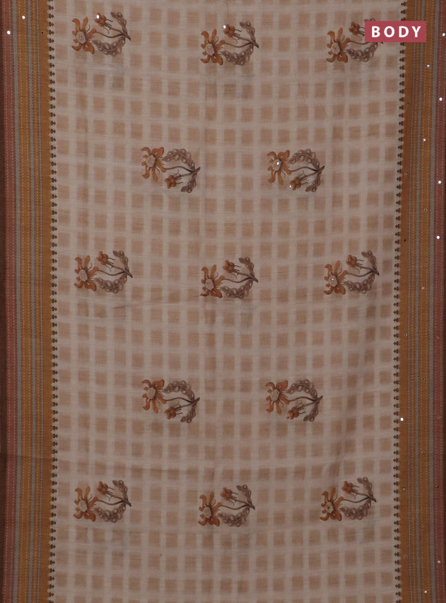 Kota linen saree sandal and brown with allover ikat prints and prints & mirror work border