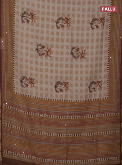 Kota linen saree sandal and brown with allover ikat prints and prints & mirror work border