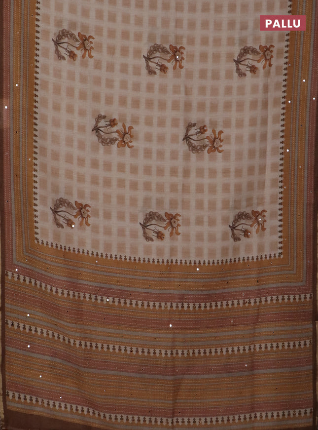 Kota linen saree sandal and brown with allover ikat prints and prints & mirror work border