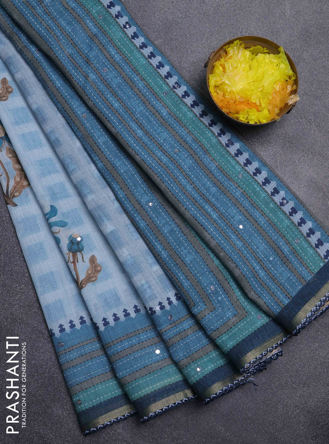 Kota linen saree grey and blue with allover ikat prints and prints & mirror work border