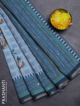 Kota linen saree grey and blue with allover ikat prints and prints & mirror work border