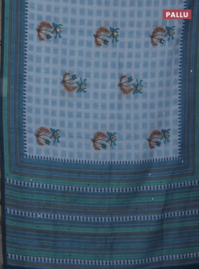 Kota linen saree grey and blue with allover ikat prints and prints & mirror work border