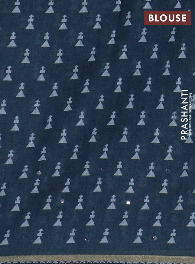 Kota linen saree grey and blue with allover ikat prints and prints & mirror work border