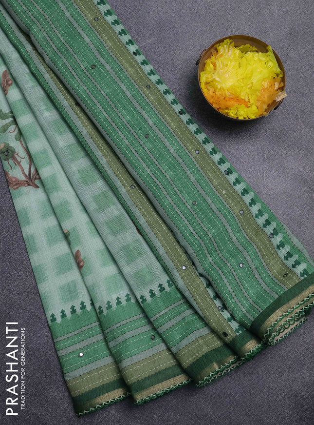 Kota linen saree light green and green with allover ikat prints and prints & mirror work border