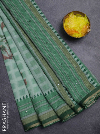 Kota linen saree light green and green with allover ikat prints and prints & mirror work border
