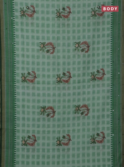 Kota linen saree light green and green with allover ikat prints and prints & mirror work border