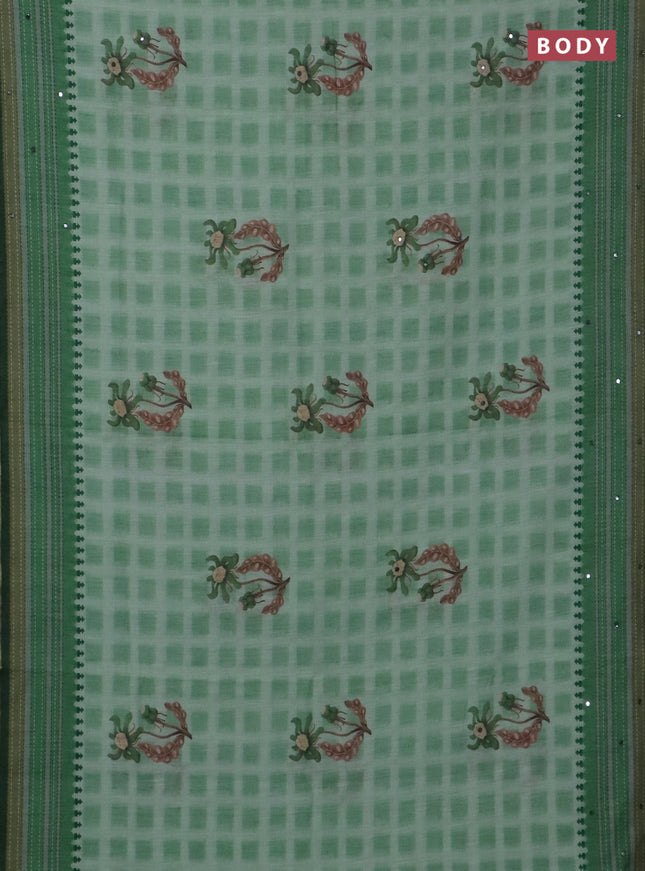 Kota linen saree light green and green with allover ikat prints and prints & mirror work border