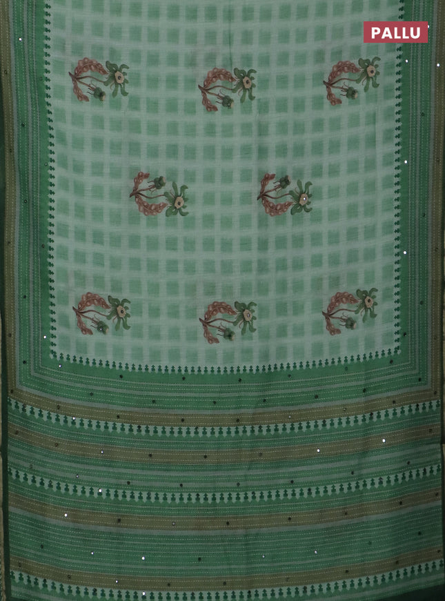Kota linen saree light green and green with allover ikat prints and prints & mirror work border