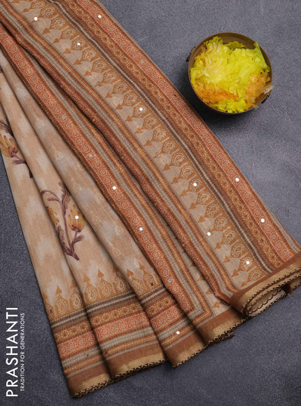 Kota linen saree sandal and brown with allover ikat prints and prints & mirror work border
