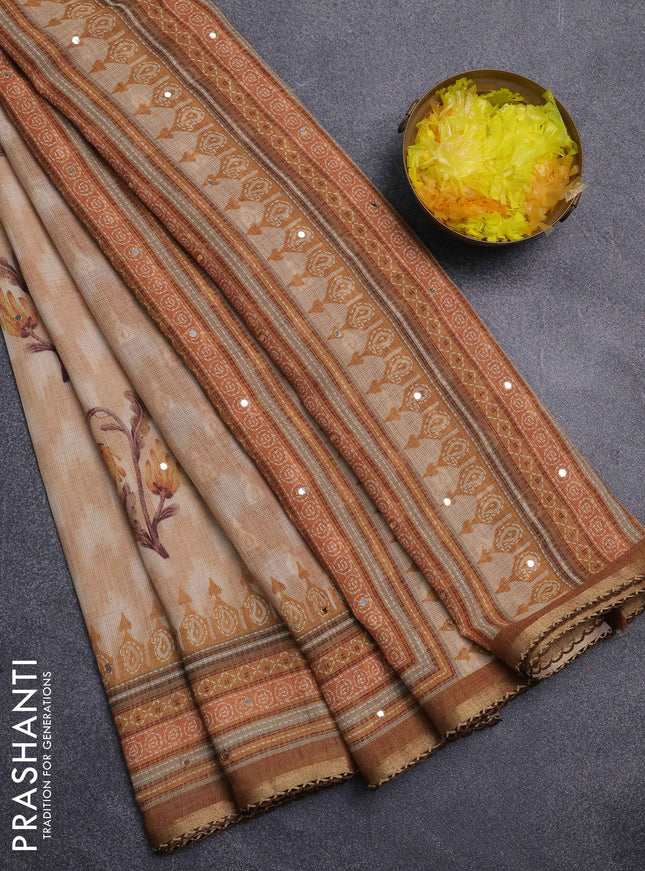 Kota linen saree sandal and brown with allover ikat prints and prints & mirror work border