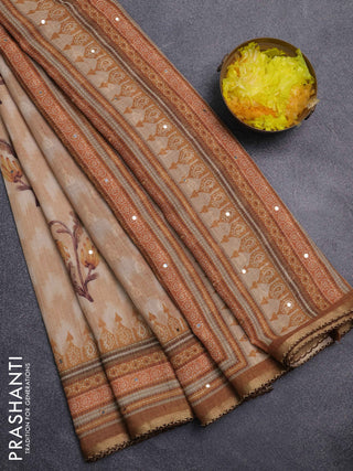 Kota linen saree sandal and brown with allover ikat prints and prints & mirror work border