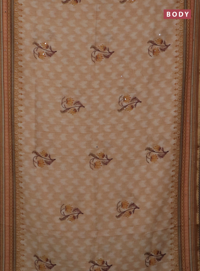 Kota linen saree sandal and brown with allover ikat prints and prints & mirror work border