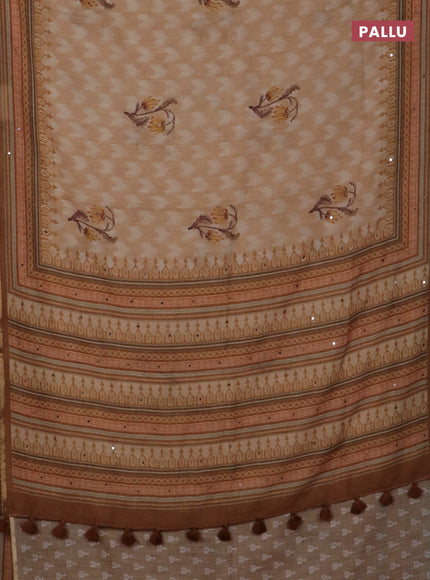 Kota linen saree sandal and brown with allover ikat prints and prints & mirror work border