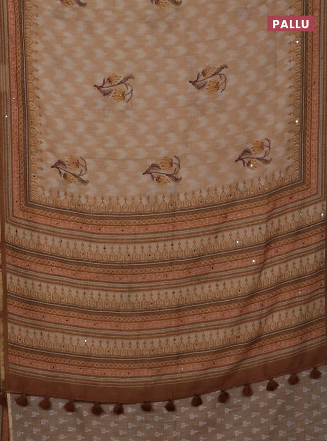 Kota linen saree sandal and brown with allover ikat prints and prints & mirror work border