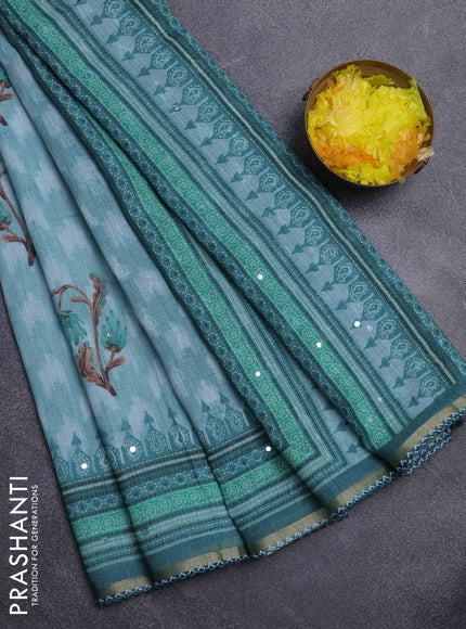 Kota linen saree teal blue and peacock green with allover ikat prints and prints & mirror work border