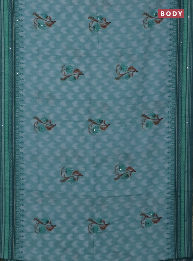Kota linen saree teal blue and peacock green with allover ikat prints and prints & mirror work border