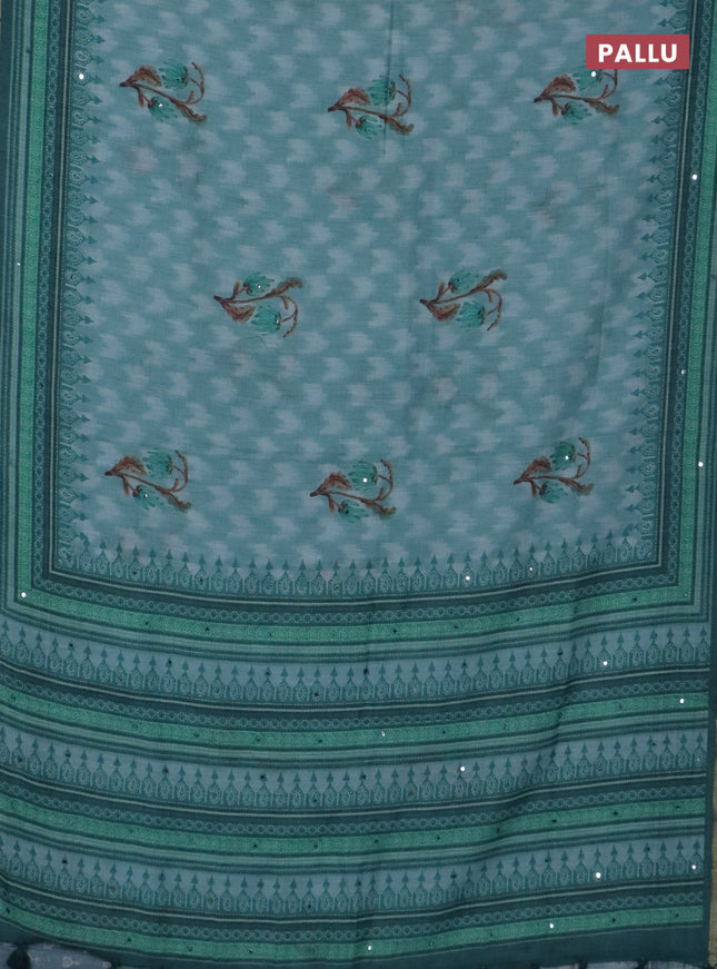 Kota linen saree teal blue and peacock green with allover ikat prints and prints & mirror work border