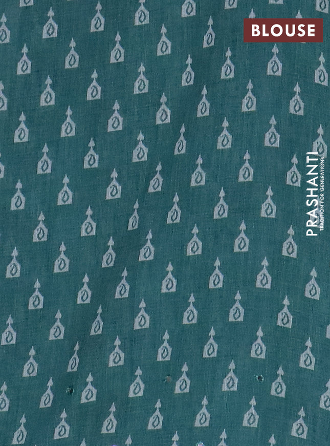 Kota linen saree teal blue and peacock green with allover ikat prints and prints & mirror work border