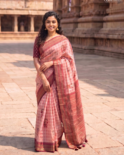 Kota linen saree peach shade and maroon with allover ikat prints and prints & mirror work border