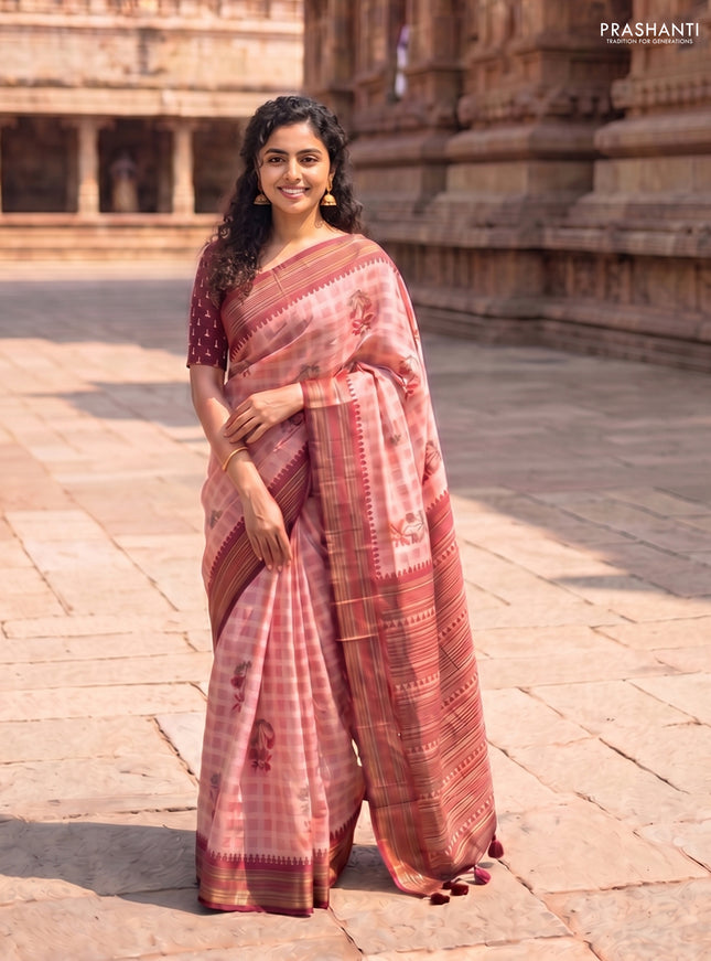 Kota linen saree peach shade and maroon with allover ikat prints and prints & mirror work border