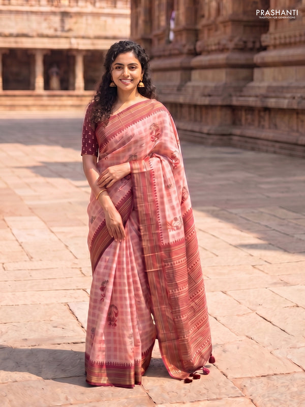 Kota linen saree peach shade and maroon with allover ikat prints and prints & mirror work border