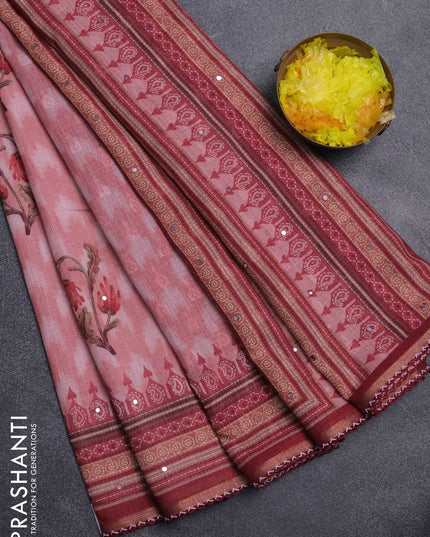Kota linen saree peach shade and maroon with allover ikat prints and prints & mirror work border