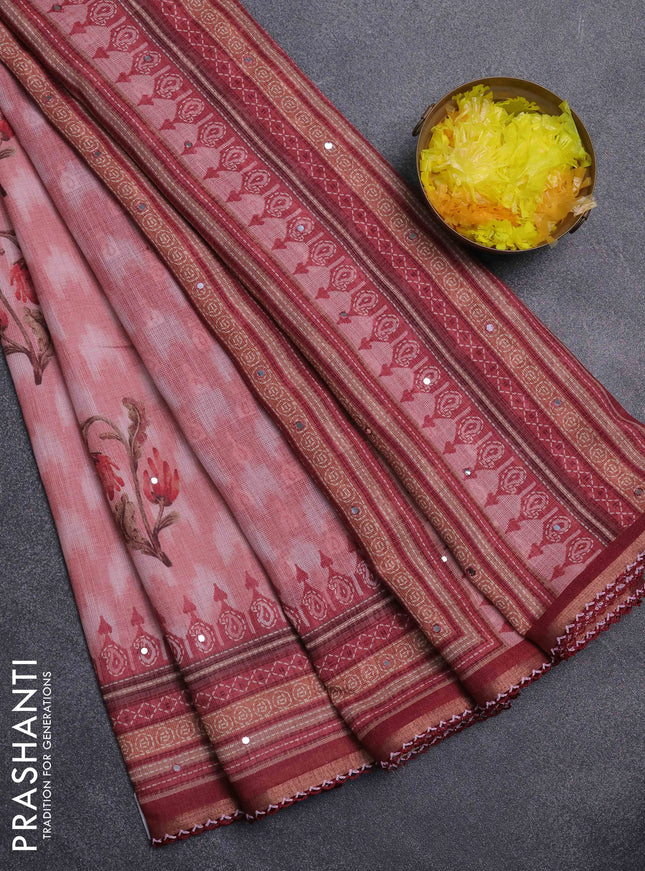 Kota linen saree peach shade and maroon with allover ikat prints and prints & mirror work border