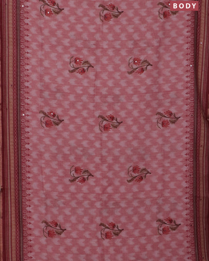 Kota linen saree peach shade and maroon with allover ikat prints and prints & mirror work border