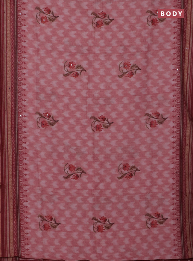 Kota linen saree peach shade and maroon with allover ikat prints and prints & mirror work border