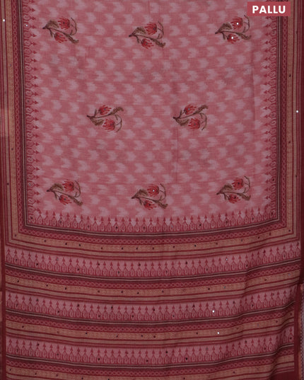 Kota linen saree peach shade and maroon with allover ikat prints and prints & mirror work border