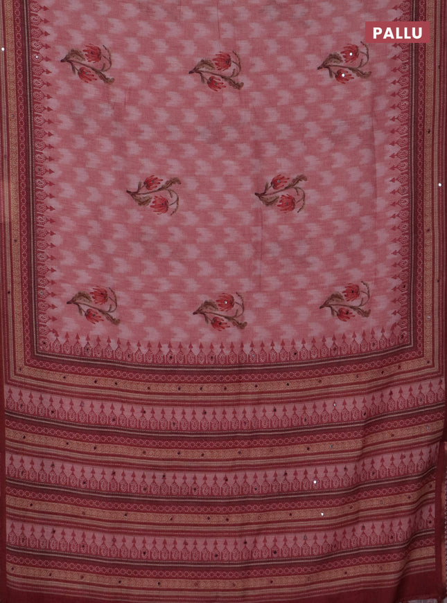 Kota linen saree peach shade and maroon with allover ikat prints and prints & mirror work border