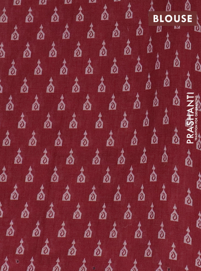 Kota linen saree peach shade and maroon with allover ikat prints and prints & mirror work border