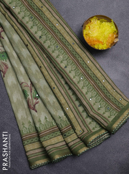 Kota linen saree mehendi green and green with allover ikat prints and prints & mirror work border