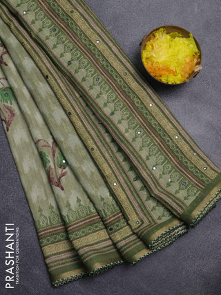 Kota linen saree mehendi green and green with allover ikat prints and prints & mirror work border
