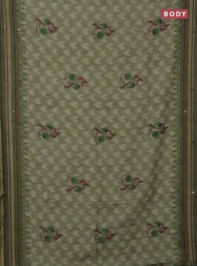 Kota linen saree mehendi green and green with allover ikat prints and prints & mirror work border